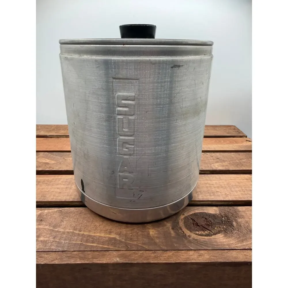 Vintage MCM Spun Aluminum Kitchen Canister Set-Sugar Coffee Tea-Black Lids 1950s